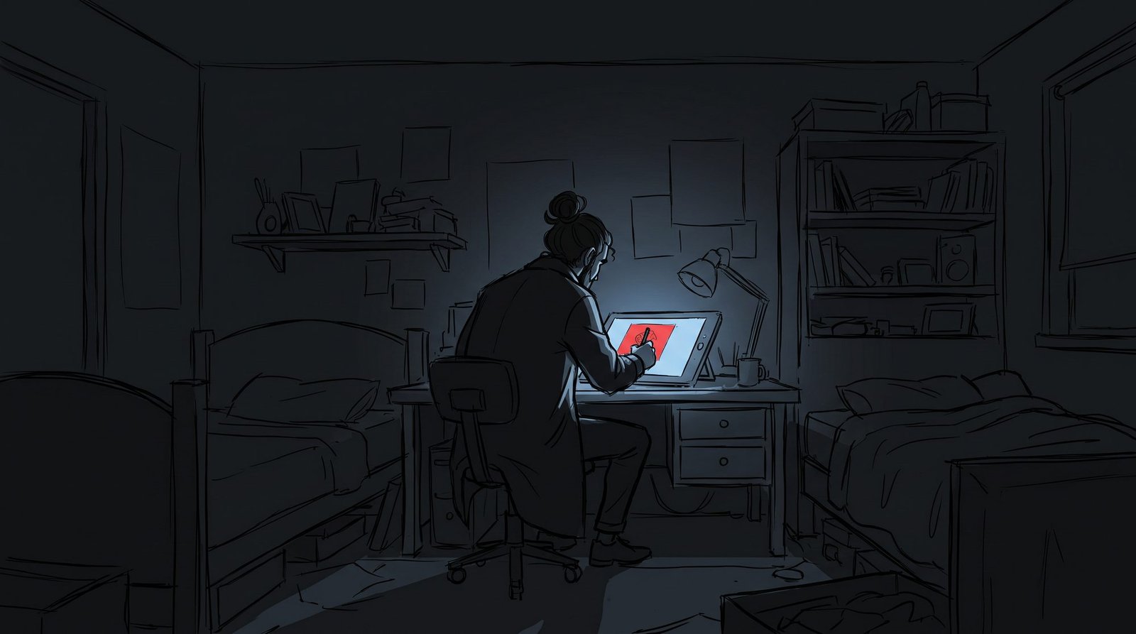 A dark bedroom at night, drawn in loose sketch linework. A figure sits at a desk with their back turned, drawing on a tablet. The tablet is the only light in the room, and the red shape on its screen is the only colour in the frame.